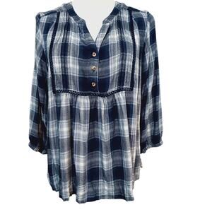 WRANGLER‎ Boho Peasant Top Blouse Flowy Small Plaid Yoke Crochet Blue Casual